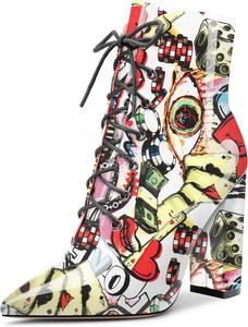 Женские ботильоны Aachcol, короткие ботинки с закрытым заостренным носком, на массивном высоком каблуке, лакированные, на шнуровке, каблук 4 дюйма, Multicolor D