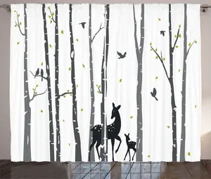 Штора ABAKUHAUS "Олень в деревенском стиле", с рисунком животных и берез, универсальная тесьма для гостиной с петлями и крючками, 280 x 225 см, светло-зеленый, светло-серый Abakuhaus