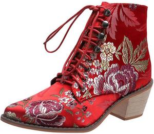 Вестерн-сапоги на массивном каблуке, сапоги ковбойские с заостренным носком, вышивкой в виде цветов, шнуровкой и многослойным каблуком Generic, Red