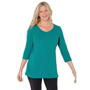 Женщина в женской идеальной футболке с v-образным вырезом и рукавами три четверти больших размеров Woman Within, цвет Waterfall