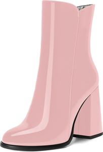 Женские ботильоны WAYDERNS на высоком каблуке 4 дюйма с круглым носком, молнией, однотонным дизайном, лаковой отделкой и модным стилем для свиданий, Pink