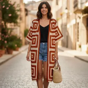 Длинный кардиган, связанный крючком, с геометрическим квадратным узором Truedames