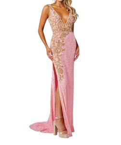 Блестящее платье для выпускного с вышивкой бисером и глубоким V-вырезом в розово-золотых тонах RACHEL ALLAN