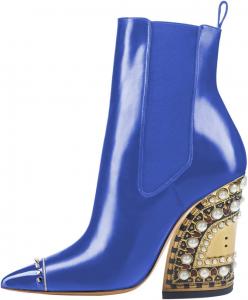 Женские ботильоны XYD Chelsea с блестками, стразами и эластичной посадкой, сексуальные с массивным высоким каблуком, острым носком, жемчужными заклепками, Royal Blue