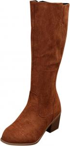 Женские модные замшевые сапоги-верховые: легкие, высокие до колена, с массивным каблуком, заостренным носком и молнией Generic, Brown