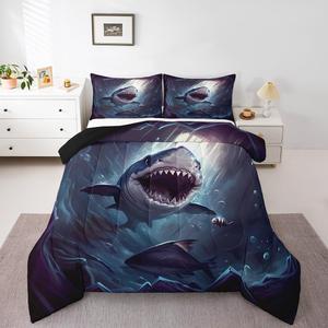 Erosebridal Комплект постельного белья Shark с принтом морских животных и охотников, утепленный наполнитель, White Black Blue