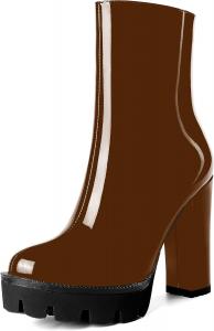 Женские повседневные уличные босоножки MOVINSTEPS с круглым носком, блестящей платформой, молнией, однотонные лакированные ботильоны на высоком каблуке 4,7 дюйма, Brown