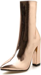 Женские ботильоны из лакированной кожи на толстом высоком каблуке с острым носком, боковой молнией и высоким голенищем, модные ботинки для свадебных и праздничных мероприятий Generic, Gold