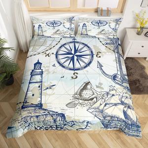 Erosebridal Комплект постельного белья Nautical Theme Ocean Sea Duvet Cover с принтом маяка, якоря, компаса, карты мира, морских звезд и ракушек на застежке-молнии, Nautical 01
