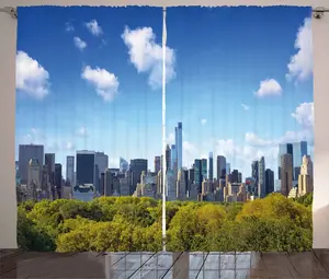 Шторы ABAKUHAUS City Rustic, Центральный парк, Нью-Йорк, Мидтаун, универсальные ленточные шторы для гостиной с петлями и крючками, 280 x 245 см, цвет слоновой кости, зеленый, синий Abakuhaus