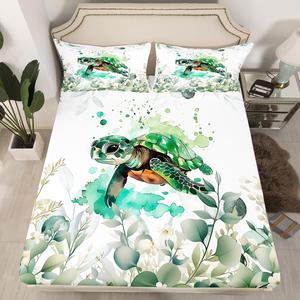 Erosebridal Детский комплект постельного белья Cute Sea Turtle с морскими животными и ботаническими листьями, из эвкалипта, глубокий карман, Green