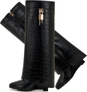 Сапоги с отворотом для женщин, острый носок, на танкетке, до колена, с боковой молнией и декоративным замком CDHYX, Black-Crocodile-1
