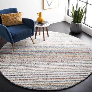Ковер SAFAVIEH, 214 x 214 см, Berber Shag Collection, круглый, Blue Rust & Ivory, современный дизайн в полоску, без линьки и простой в уходе, идеально для помещений с высокой проходимостью в гостиной, спальне (BER587A)