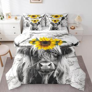 Erosebridal Комплект постельного белья Highland Cow с принтом подсолнухов и коровьей шкуры из мягкого микрофибрового материала, Grey Yellow