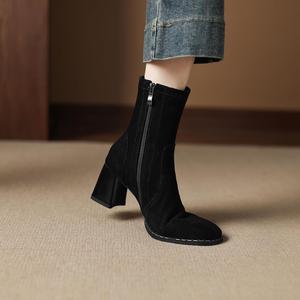 Элегантные женские ботильоны с квадратным носком и широким каблуком, короткие ботинки на молнии однотонного цвета для повседневной носки XIEPP, Black