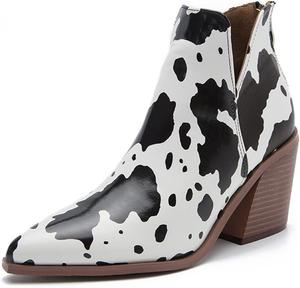 Женские ботильоны LAVAEGG с вырезами? Каблук 8 см, ботильоны с V-образным вырезом? Повседневные ботинки Челси в западном стиле, нескользящие и износоустойчивые, Dairy Cattle