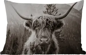 Подушка для улицы - Шотландская горная корова - Корова - Животные - Черный - Белый - 50 x 30 см - Водонепроницаемая - Подушка для отдыха - Подушка для дивана - Украшение для гостиной MuchoWow