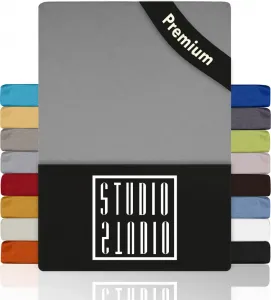 Простыня на резинке Premium 140 x 200 см - 160 x 220 см, 170 г/м², гребенной хлопок с 3% эластана, 100, простыня также подходит для высоких матрасов, пружинных кроватей и водяных кроватей высотой до 35 см - серебристый STUDIO