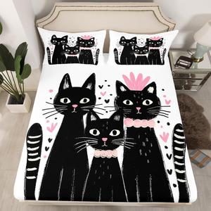 Erosebridal Комплект постельного белья Cartoon Cat Family с принтом котят и сердечек для детей и взрослых, Black Pink