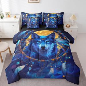 Erosebridal Комплект постельного белья Moonlight Wolf с этническим принтом волков и экзотическим дизайном, Blue Orange