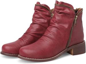 Женские ботильоны Alyaafifa с низким удобным каблуком, закрытый круглый носок, мягкие короткие кожаные зимние повседневные ботинки с молнией, Wine Red