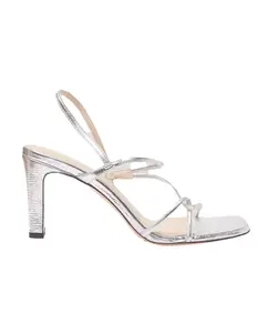 Женские кожаные босоножки на каблуке с тонкими ремешками Sandro, серебряный