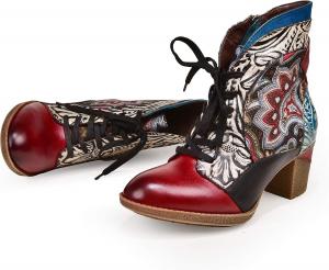 Женские ботильоны CrazycatZ из кожи с высоким каблуком, цветочным узором и шнуровкой, Dark Red