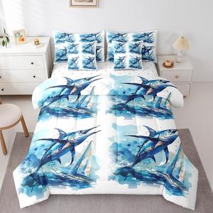 Erosebridal Комплект постельного белья Pike Fish Blue Ocean с водяным принтом морской жизни, White and Blue