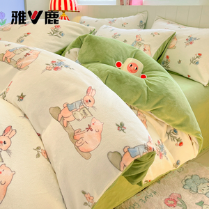 Yalu Пододеяльник 200х230 см из мягкого велюра, принт Bear And Rabbit Paradise + Moon White Green