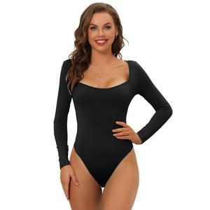 Женское боди с длинными рукавами, корректирующее белье, облегающий эластичный трико с квадратным вырезом, топы ALLEGRA K, черный