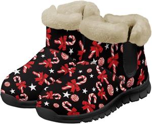 Зимние ботинки для женщин и мужчин, снежные ботинки, пушистые зимние туфли, слипоны, укороченные ботинки для прогулок на улице Noprintge, Bow Candy Cane