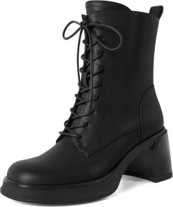 Женские боевые ботинки SAMMITOP на шнуровке, укороченные ботильоны с низким каблуком, массивной платформой, круглым носком и высотой каблука 2,5 дюйма, Matte Black
