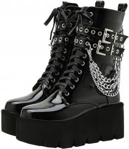 Женские ботильоны Uniquelly из лаковой кожи, с военным стилем, на танкетке, высоким каблуком, с цепочками, пряжками, молнией, с круглым носком, в стиле панк, зимние сапоги, Black