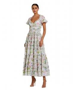 Женское хлопковое платье с короткими рукавами, V-образным вырезом, открытой спиной и цветочным принтом Mac Duggal, White multi