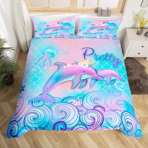 Erosebridal Комплект постельного белья Jellyfish Dolphin Full с морским принтом чешуи русалки в бирюзово-фиолетовых тонах для детской комнаты, Teal Pink Purple