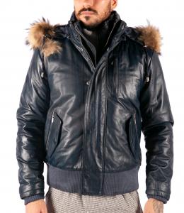 Кожаная куртка-бомбер с капюшоном TruClothing, темно-синий