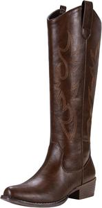 Женские ковбойские сапоги Jeossy с вышивкой, западного стиля, ковбойские сапоги с квадратным носком, выше колена, на широкую голень с внутренней молнией, Whisky-Suquare Toe Boots-9809