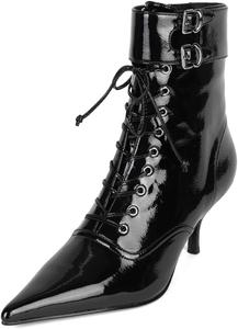 Женские ботильоны на среднем каблуке-«kitten», с пряжкой, заостренным носком, на шнуровке, для работы, вечера и повседневной носки, размер 4-16 US Wo wagas, Black
