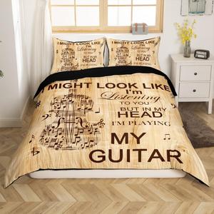 Erosebridal Комплект постельного белья Modern Guitar с музыкальными нотами и тематическим принтом, Brown Black