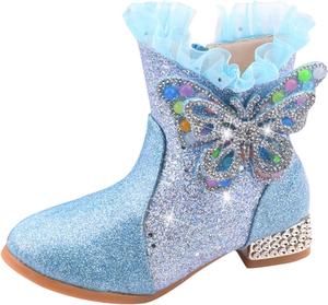 Generic Детские ковбойские сапожки для девочек, милые короткие ботильоны с жемчугом и бантом, праздничные ботинки-принцессы, размер 5-14 лет (синие, для больших детей 10-10,5 лет)