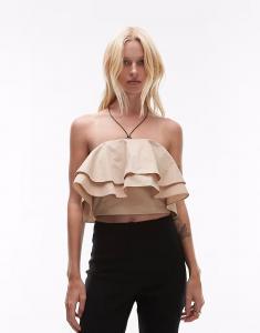 Топ-бюстгальтер с оборками и вырезом лодочкой Mango с изображением Кайи Гербер из премиального хлопка в цвете Stone