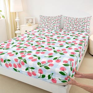 Erosebridal Комплект постельного белья Blue Gingham Cheery с розовым вишневым принтом в клетку, Blue Gingham