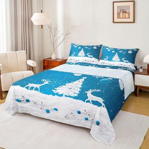 Erosebridal Комплект постельного белья с новогодним принтом оленей и снежинок в сине-белых тонах, Blue White