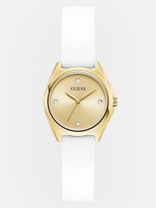 Аналоговые часы с золотистым стеклом и белым силиконовым ремешком Guess Factory, белый/золотой