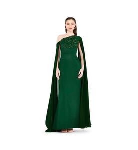 Женское асимметричное платье с рукавами-кейпами, украшенное ручной вышивкой AMRI, Green