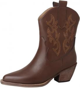 Женские ковбойские ботинки Niiyyjj в западном стиле с заостренным носком, толстым каблуком, короткие ботинки большого размера с вышивкой до щиколотки, Brown No Fleece