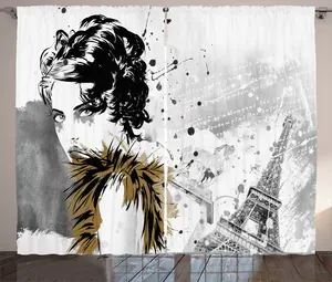 Штора в стиле модерн от ABAKUHAUS, модель Парижская девушка, для спальни, с присборенной лентой, петлями и крючками, 280 x 175 см, серо-белый Abakuhaus