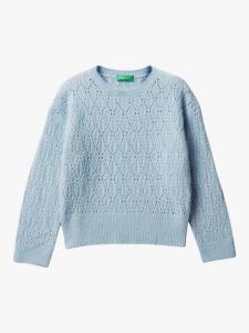 Детский вязаный ажурный джемпер с круглым вырезом Benetton, Blue