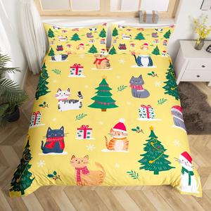 Erosebridal Комплект постельного белья с новогодним принтом милых котят и ёлки в стиле кавай, Green Grey Red White Yellow