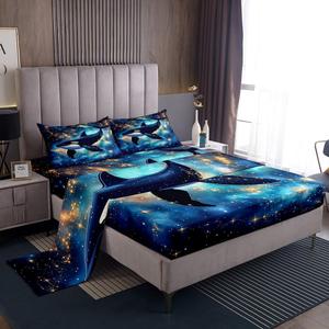 Erosebridal Комплект постельного белья Galaxy Whale с морскими животными и звездным небом в синей расцветке, Yellow Dark Blue
